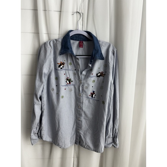 Cato Tops - Womens L G 12 14 Striped Penguin Ski Embroidered‎ Denim Collar Button Up Shirt